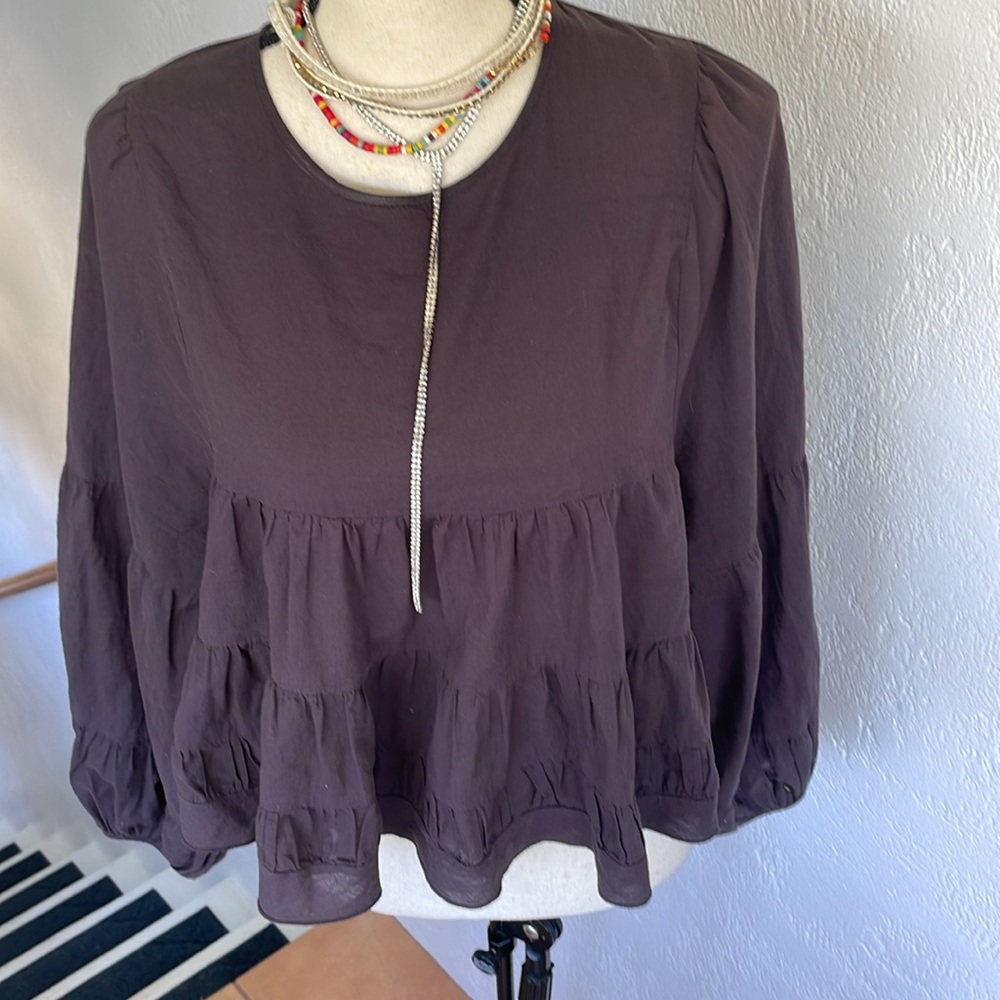 Altar’d State NWOT Black Ruffled Long Puff Sleeve Cotton Flowy Top Medium‎ - Picture 3 of 6